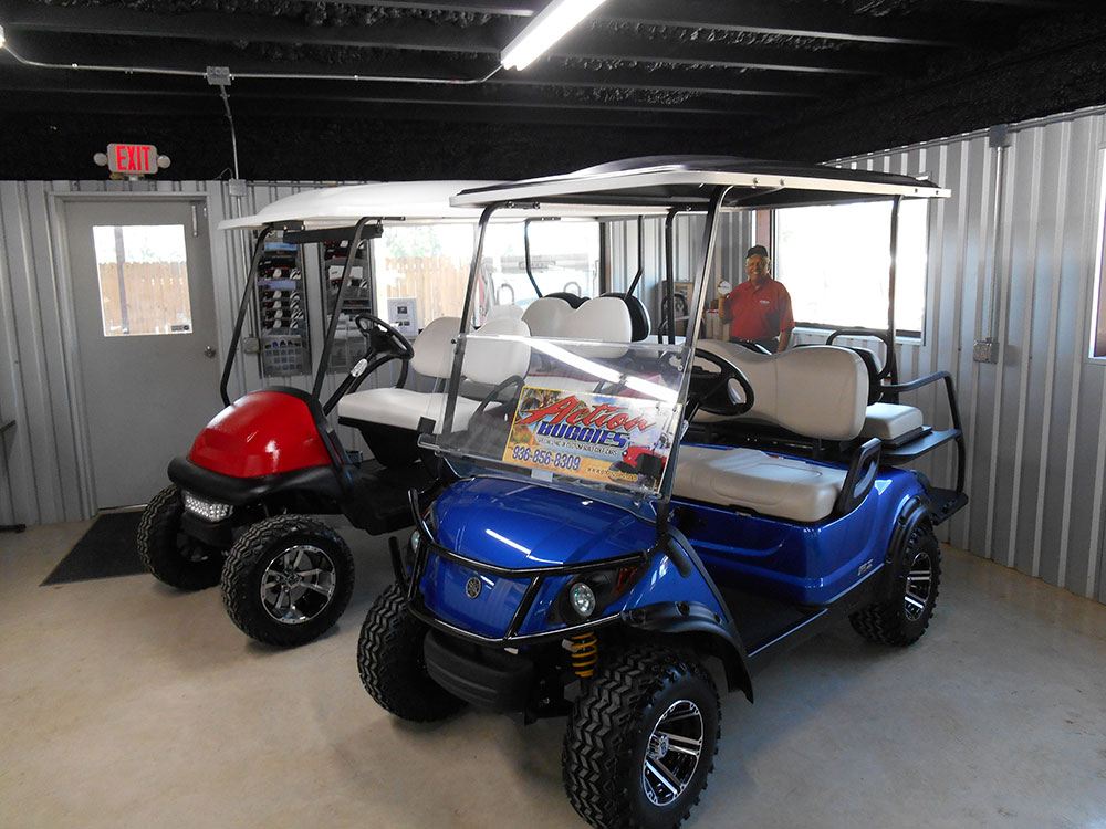 Parked Golf Carts at Action Buggies.